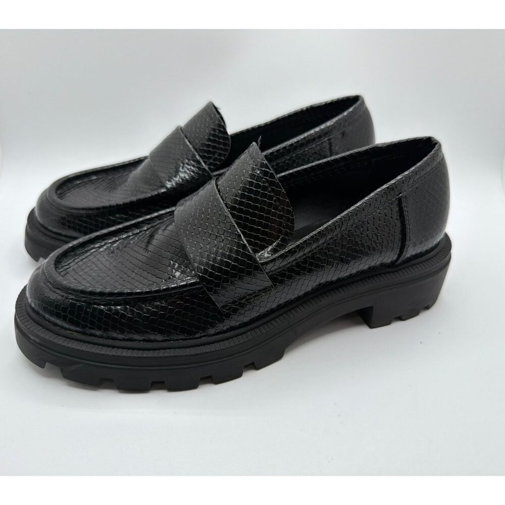 Zara Lug Sole Loafers Women Size 37 Black Leather Croc Platform Casual Shoes